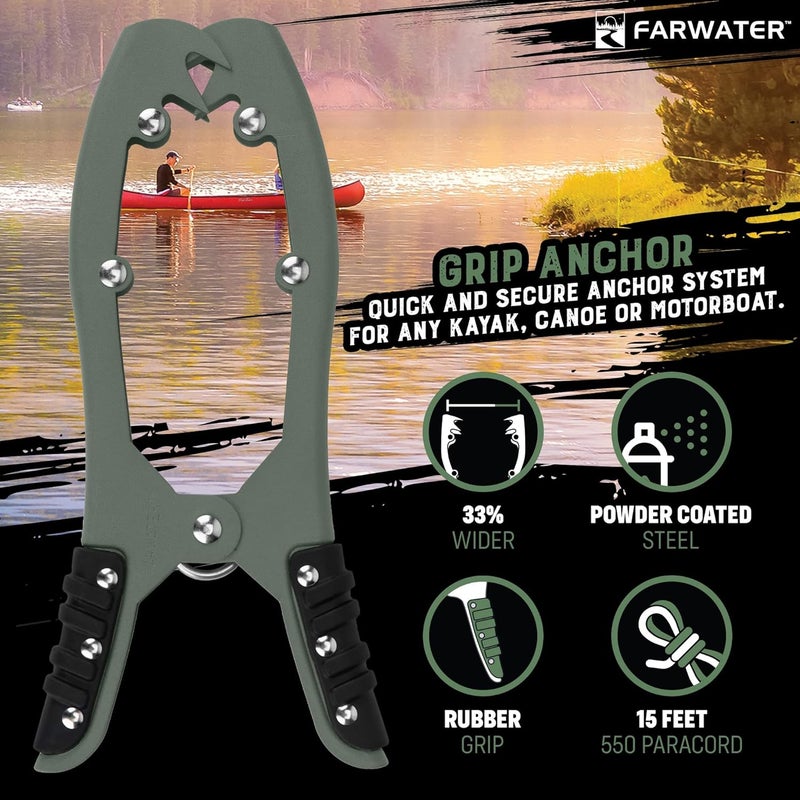 FARWATER Canoe Anchor Grip - Boat, Float Tube & Kayak Fishing Accessories, Kayaking Equipment - Brush Clamp Anchor with Teeth - Gripper with 15ft Paracord - Rubber Grips - Coated Steel - - Image 4